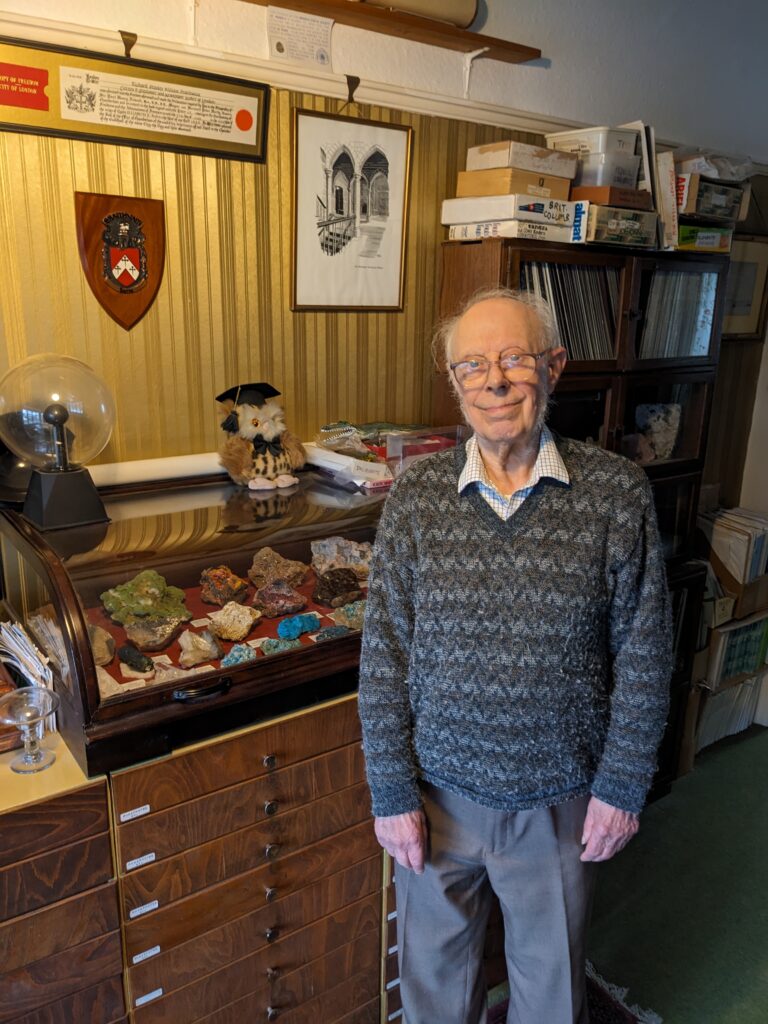 Richard in his mineral room (March 2024). Roy Starkey photo.